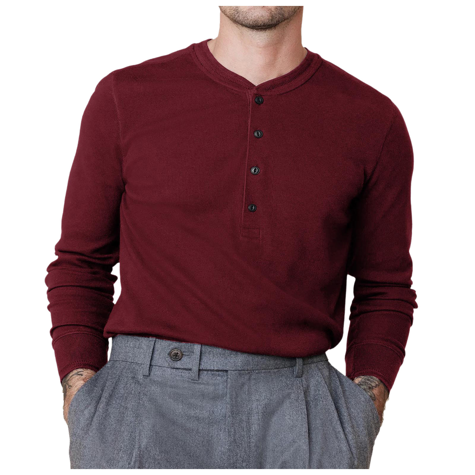 thumbnail image 4 of Camiseta de manga larga con botones y color liso para hombre, para otoño, mezcla de poliéster, cómoda e informal, varias tallas disponibles., 4 of 7